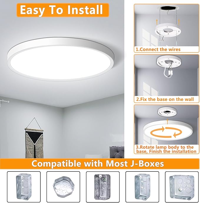 CHARYJOD LED Flush Mount Ceiling Light Fixture 12Inch, 24W Flat Light,5000K Ultra Thin Surface Panel Low Profile for Bedroom Kitchen Bathroom Garage Living Room, White (DC-CJ-0030-24W-50K)