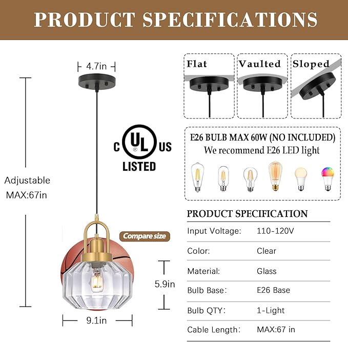 9in Mid Century Modern Clear Glass Pendant Light Fixture, Small Gold Kitchen Island Pendants Light Glass Ceiling Hanging Lamp for Foyer Dining Room Bedroom Entryway Hallway Over Sink