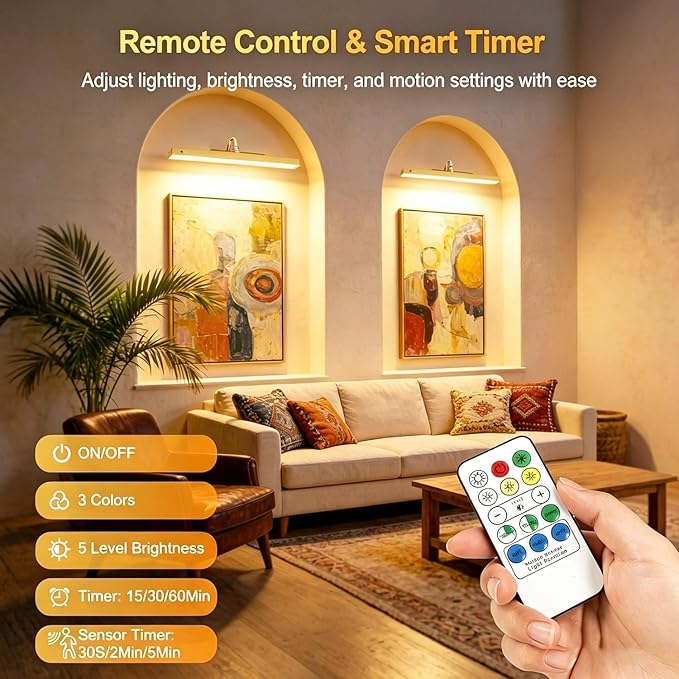 TANBABY 16'' Wireless Picture Lights for Wall, 6000mAh Rechargeable Battery Operated Light with Motion Sensor, 3CCT Dimmable, Timer, Magnetic Poster Lights with Remote for Gallery, Living Room-1Pack