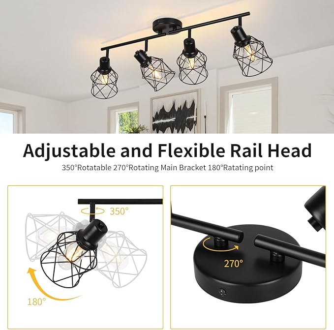 WILON Track Lighting Fixtures Ceiling 4-Light Flush Mount Ceiling Spot Lights, Industrial Track Light Black Kitchen Light Fixtures Rotatable Spotlight for Kitchen Hallway Living Room (E26 Base)