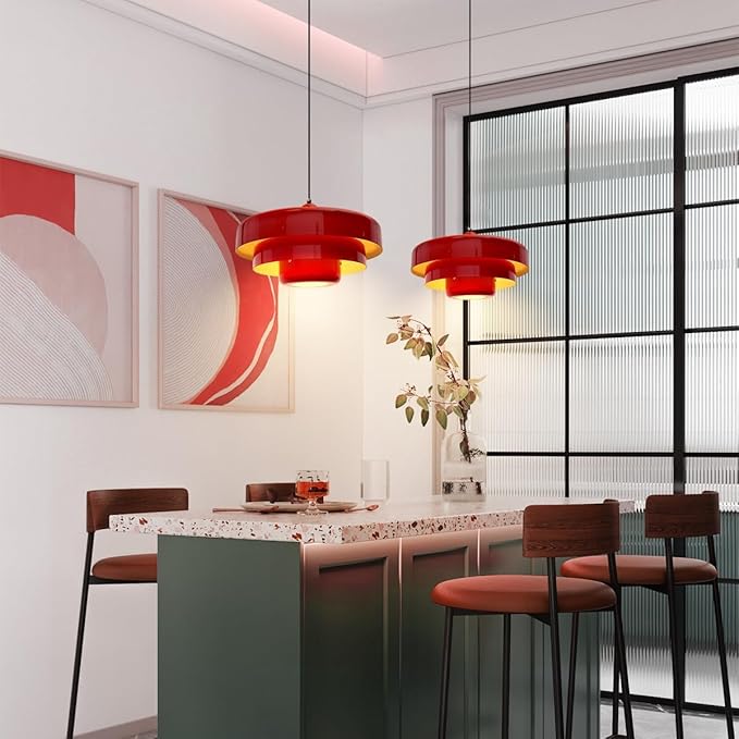 2PCS Red Pendant Lights, Nordic Flush Mount Ceiling Light with E26 Base, Adjustable Farmhouse Hanging Light for Bedroom, Pantry, Bar, Cafe