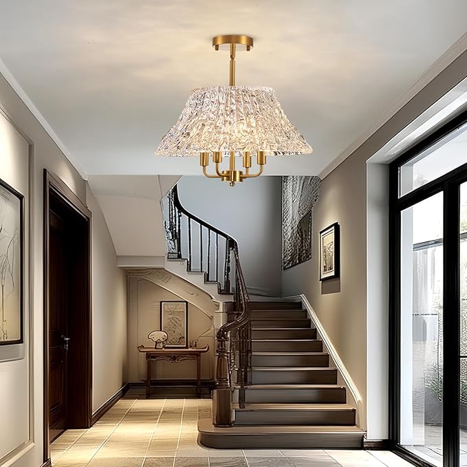 4-Light Gold Flush Mount Ceiling Light - 14 Inch Bright Vintage Glass Art Deco Fixture, Mid Century Modern Close to Ceiling Lamp for Bedroom Kitchen Hallway, E12 Candelabra Base (Bulbs Not Included)
