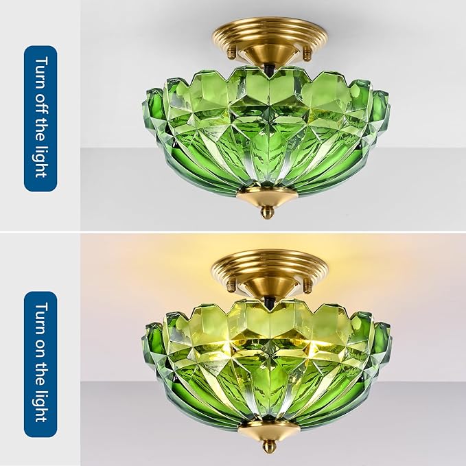 Semi Flush Mount Ceiling Light, 3-Light Kitchen Ceiling Lighting Fixtures with Green Glass Lampshade, Gold Modern Chandelier for Living Room Bedroom Hallway