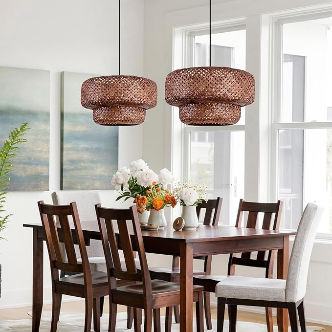 Dark Curry Bamboo Pendant Light,Boho Rattan Hanging Light,13.78" Hand Woven Wicker Chandelier for Kitchen Island for Kitchen Island Dining Bedroom Living Room Restaurants