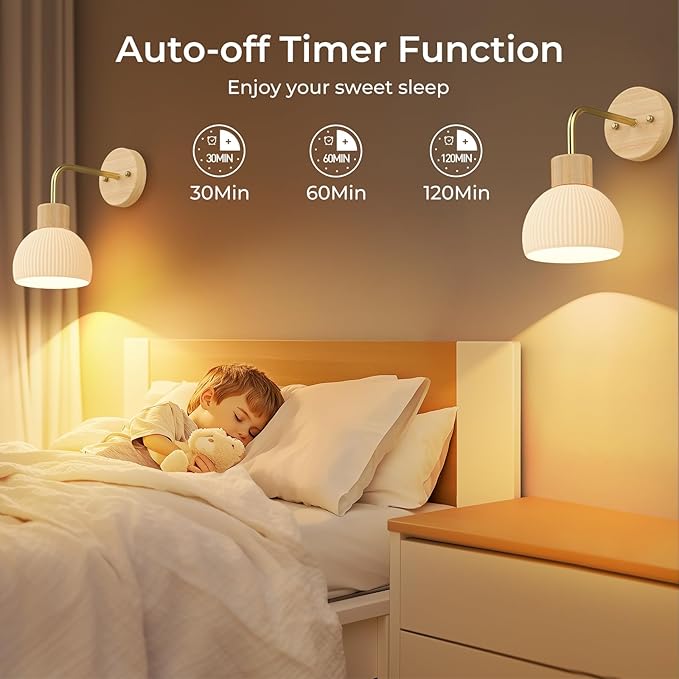 Glass Battery Operated Wall Sconces Set of 2, Rechargeable Wall Lamp with Remote, 12 Colors Dimmable Wireless Sconces Wall Decor Set of 2 with Timer for Bedroom Living Room (Beech, 2 Pack)