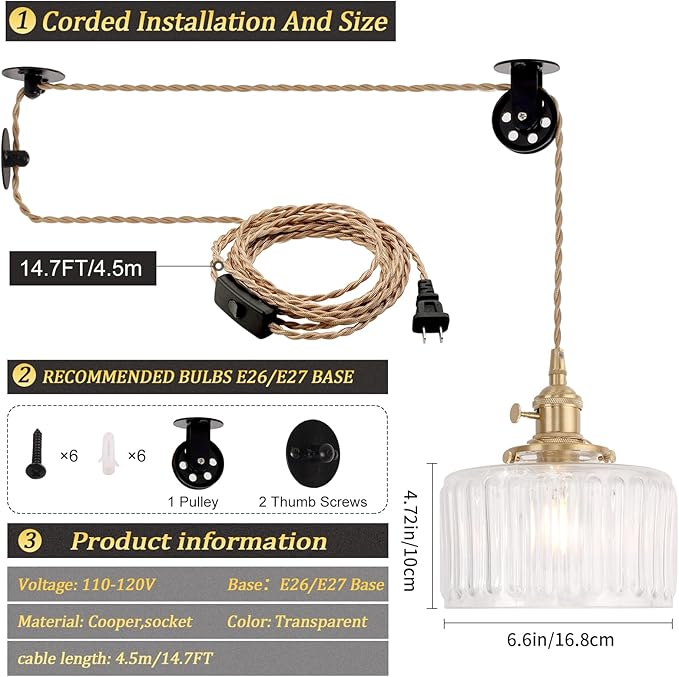 Shenmoyl Plug in Pendant Light Hanging Light Fixture Corded On/Off Switch Brass Pendant Light with Clear Striped Glass Lampshade for Bedroom Living Room Kitchen Island