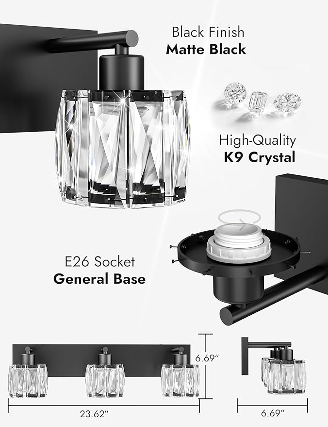VOLISUN Crystal Vanity Lights for Bathrooms, 3 Light Bathroom Vanity Light, Modern Matte Black Bathroom Light Over Mirror, Black Bathrooms Lights Fixtures-UL Certificated(Exclude Bulb)