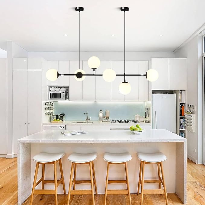 BOKT Mid Century Modern 6-Lights Pendant Light Milk Glass Globe Round Sputnik Chandelier Black Linear Pendant Light Kitchen Island Chandelier Lamp Ding Room Light Fixture
