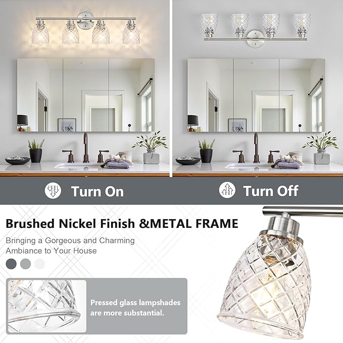 4-Light Bathroom Light Fixtures, Modern Brushed Nickel Vanity Light Over Mirror, Wall Sconce with Clear Hammered Glass Shades, E26 Base (Bulbs Not Included)