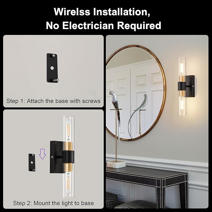 Battery Operated Wall Sconce Set of 2 with Remote Control, 12000mAh Rechargeable Wall Lights, Wireless Dimmable Wall Lamps for Bedroom Living Room Bathroom Hallway Entryway Stairwell, Black & Gold