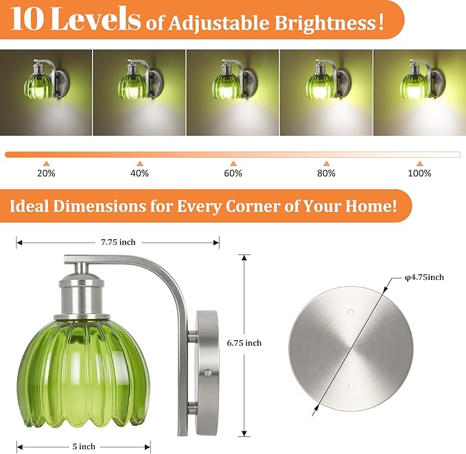 Rechargeable Battery Operated Wall Sconce Set of Two with Green Glass Lampshade, Wireless Wall Scone Decor with Remote Control, 15 Colors Brushed Nickle Wall Light for Bedside Hallway Bedroom Doorway