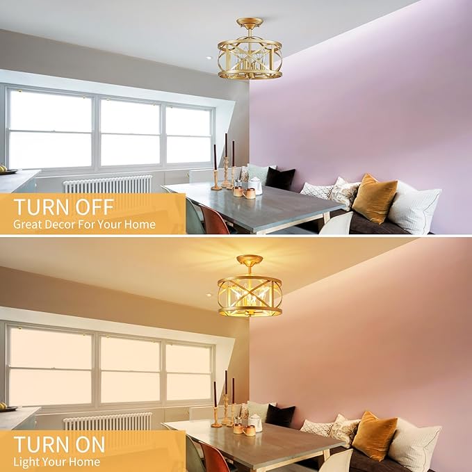 LOOYD Semi Flush Mount Ceiling Light Fixture Vintage Ceiling Light Farmhouse Ceiling Light Metal Cage Ceiling Lamp for Kitchen Dining Room Hallwa Bedroom Living Room (Gold)