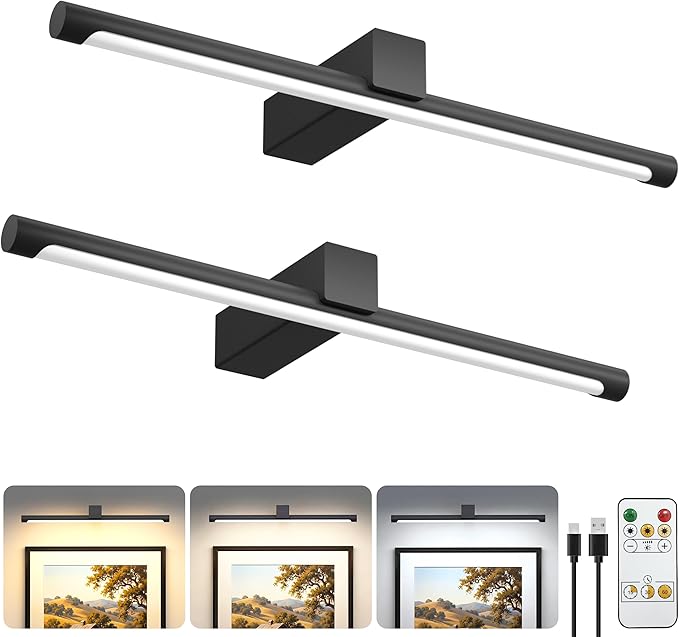Bridika Metal Picture Light for Wall 15.7inch, Battery Operated Art Light for Paintings Wireless with Remote & Timer, 3 CCT, Dimmable Wall Lights for Picture, Gallery, Artwork,Portrait Black 2