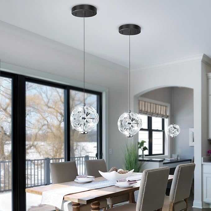 ykolupty Pendant Lights Kitchen Island Crystal Globe Chandelier LED Black Island Light Crystal Pendant Light for Dining Foyer Entrance