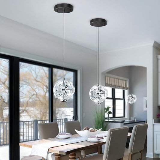 ykolupty Pendant Lights Kitchen Island Crystal Globe Chandelier LED Black Island Light Crystal Pendant Light for Dining Foyer Entrance