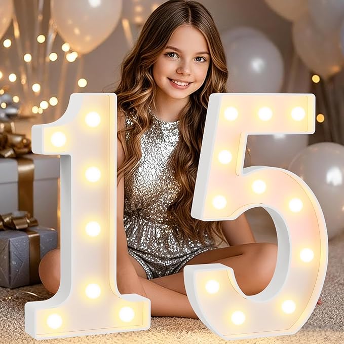 Pooqla 15th Birthday Decorations for Girls Boys, Large 12.6 in Tall Light Up Numbers for 15th Party Decorations Table Decor, Big Marquee Numbers 15th Birthday Gift for Girls Wedding Anniversary Decor