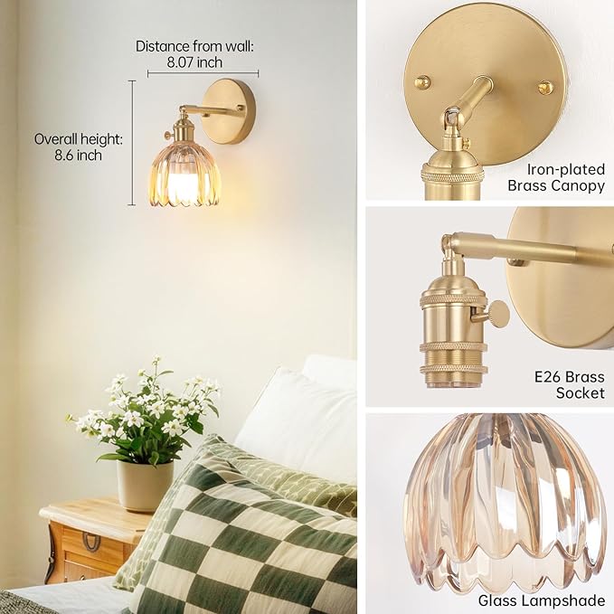Shenmoyl Vintage Battery Operated Wall Sconce with Amber Tulip Glass Lampshade Rechargeable Battery Powered Wall Light with Remote Control for Bedside Bedroom Doorway, Set of 2