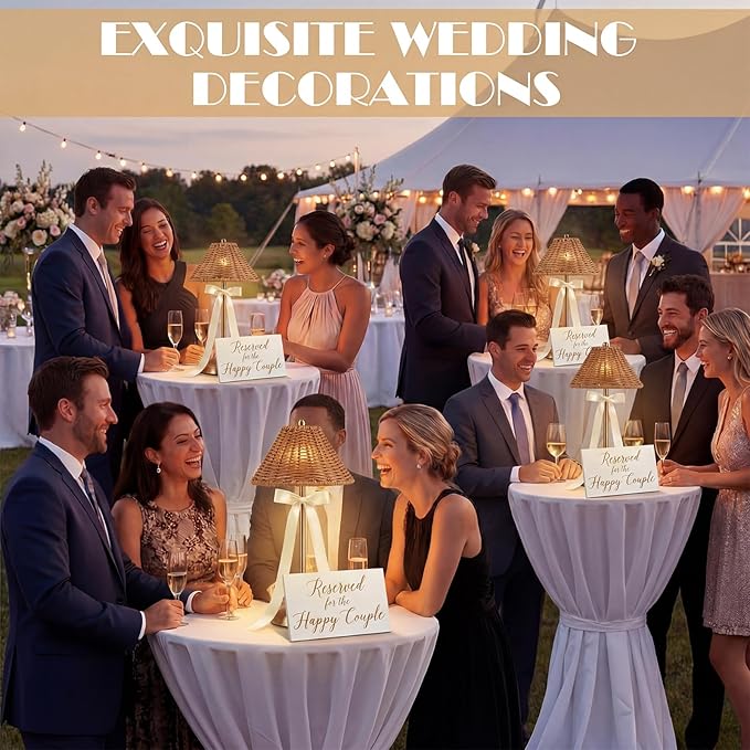 4 Pack Wedding Cordless Rattan Table Lamps Wicker Night Light LED Rechargeable Reading Lights 3 Color Portable Touch Control Party Decor with Bows for Outdoor Party Wedding Patio