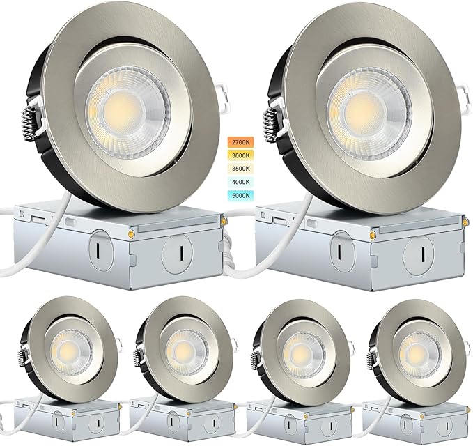 KnLnny Ware Brushed Nickel 4 Inch Gimbal Recessed Lights 6 Pack,Ajustable Recessed Lights,spot Lights Indoor with Junction Box,5CCT Selectable,9W 750LM,Dimmable