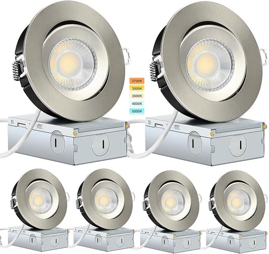 KnLnny Ware Brushed Nickel 4 Inch Gimbal Recessed Lights 6 Pack,Ajustable Recessed Lights,spot Lights Indoor with Junction Box,5CCT Selectable,9W 750LM,Dimmable