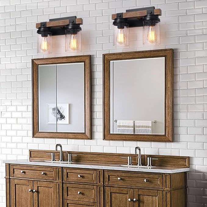 2-Light Farmhouse Vanity Lights for Bathroom, Rustic Bathroom Light Fixtures with Pretty Glass Shade, Rustic Vanity Light for Mirror, Black Wood Wall Sconces for Hallway Bedroom Living Room