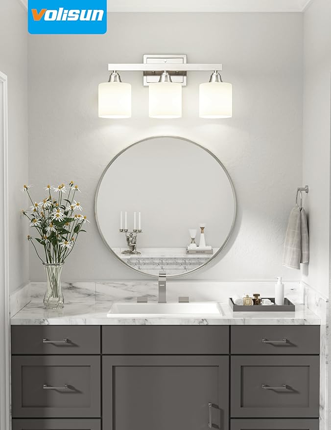 VOLISUN Brushed Nickel Bathroom Light Fixtures, 3-Light Bathroom Vanity Lights Over Mirror, Modern Vanity Light for Bathrooms, Bathrooms Lights Fixtures Over Mirror with Milky White Glass Shades