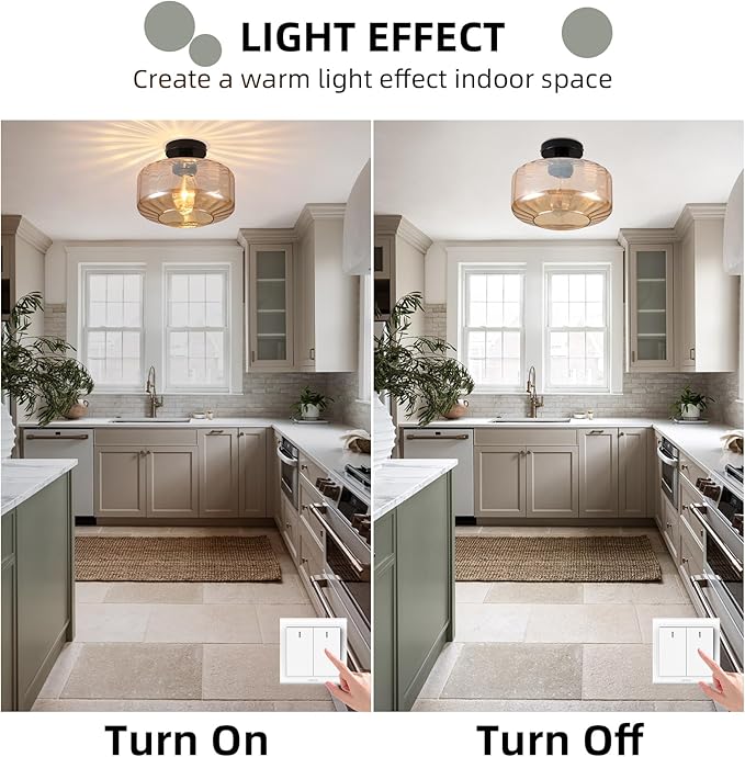 Glass Semi Flush Mount Ceiling Light, Modern Close to Ceiling Light Fixtures with Amber Glass Shade, 11" Round Light Fixtures Ceiling Mount for Bathroom Dining Room Bedroom Living Room Hallway, E26