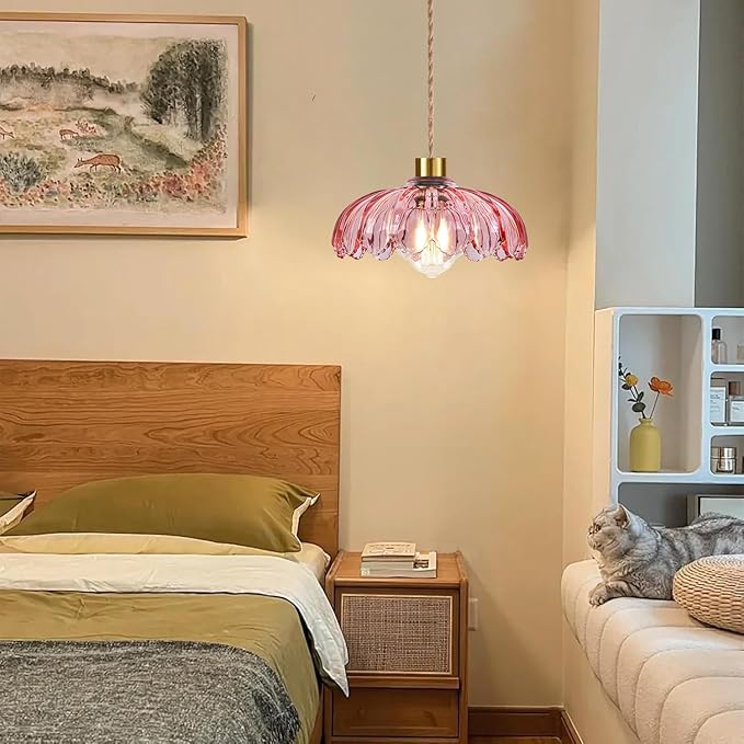 QIYIZM Pink Plug in Pendant Light Hanging Lights with Plug in Cord Boho Hanging Lamp Glass Gold Mid Century Modern Vintage Dimmable Flower Plug in Chandelier Ceiling Fixture for Living Room,Kitchen