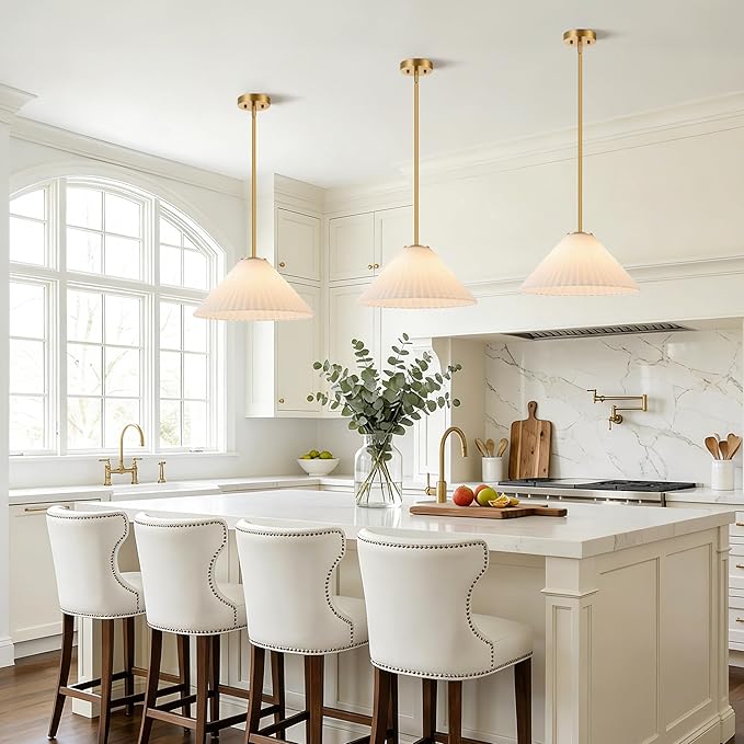 15.7 Inch Modern Pendant Lights, Ribbed Milk Glass 1-Light Single Pendant Lighting Fixtures, White Cone Mid Century Ceiling Hanging Light for Kitchen Island Dining Room Over Sink Table Hall