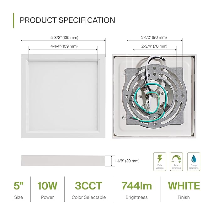 ASD LED 5" Square Flush Mount Light | 10W 740LM 3000-5000K 120V | 3CCT, Dimmable, Ultra Slim, ETL Listed | Thin Surface Lamp, Bedroom Ceiling Lighting | White, 12 Pack