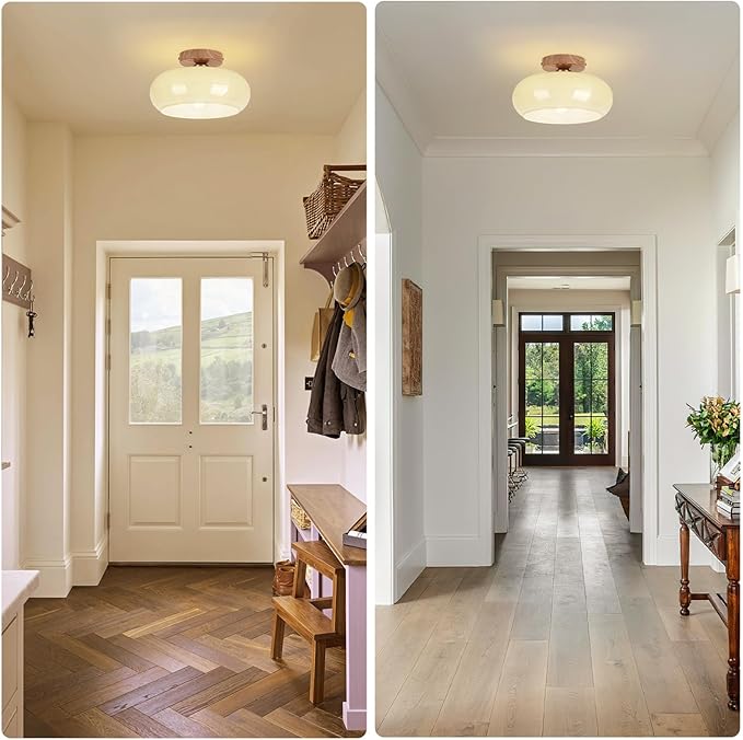 Mid Century Modern Schoolhouse Semi Flush Mount Ceiling Light, Cream Glass Lamp with Wood Grain Metal Base, Rustic Farmhouse Lighting Fixture for Bedroom, Hallway, Dining, Living, Entryway