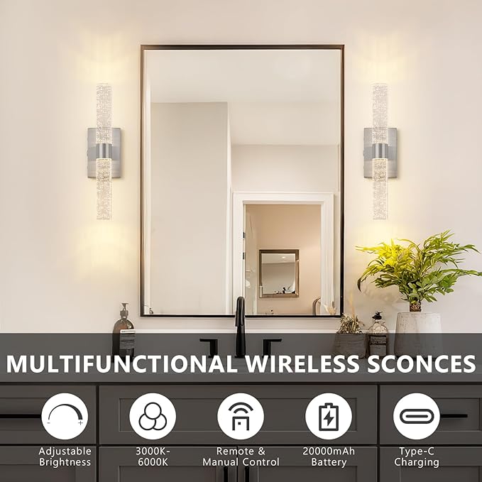 Brushed Nickel Battery Operated Wall Sconces Set of 2, 20000mAh Rechargeable Wall Light with Remote Control, 3000K-6000K Dimmable LED Wireless Sconces for Bedroom, Living Room, 15.6 Inch
