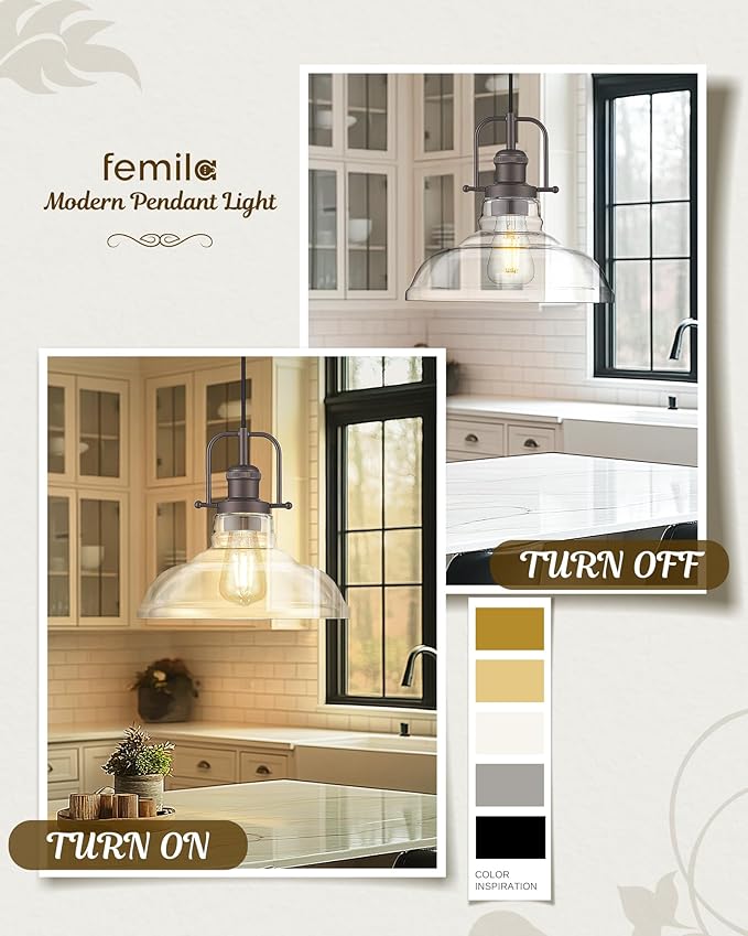 FEMILA Pendant Lights for Kitchen Island, 11" Farmhouse Hanging Light Fixture with Adjustable Height, Clear Glass Shade, Oil Rubbed Bronze, Vintage Pendant Lighting, 4FY09-MP ORB
