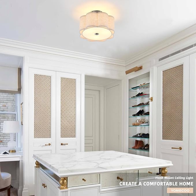 Semi Flush Mount Ceiling Light, Beige Linen Fabric Shade Ceiling Light, Chrome Modern Farmhouse Close to Ceiling Light for Bedroom, Hallway, Living Room, Dining Room, Laundry Room