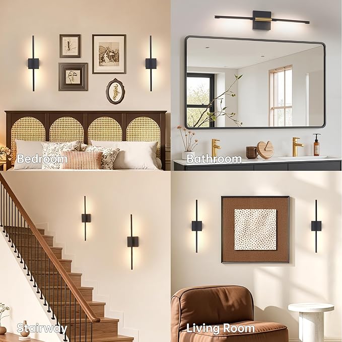 Shenmoyl Battery Operated Wall Sconce Set of 2, 8000mAh Wireless Wall Sconces, 3000K-6000K Dimmable, 350°Rotate, Indoor Wall Lights with Remote for Bedroom Living Room Bathroom, Black, 23.6 Inch