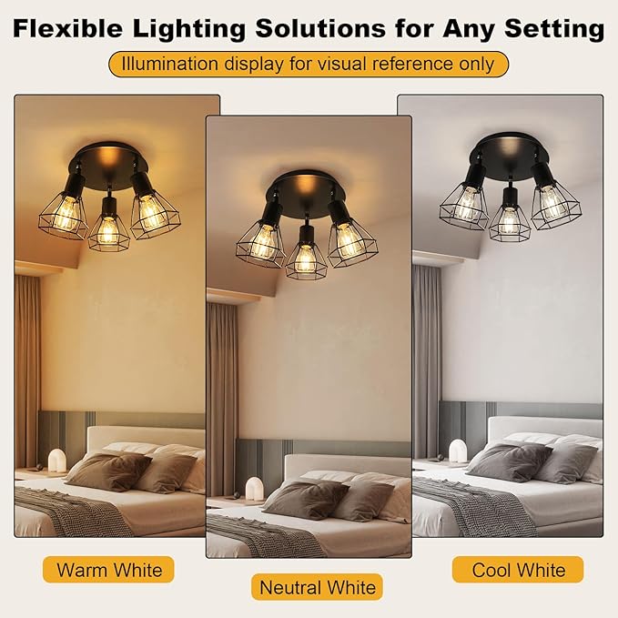 HiBay LED Track Lighting Fixtures, 3-Light Adjustable Directional Ceiling Light, Black Geometric Metal Cage Industrial Spotlight Indoor for Kitchen, Dining, Bedroom, E26 Base (Bulbs Not Included)