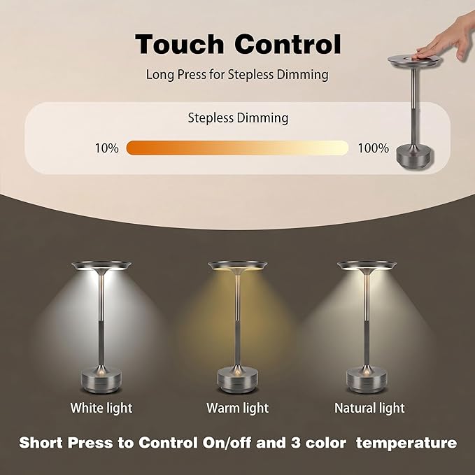 Rechargeable Cordless Table Lamp Set of 2, Portable Battery Operated LED Table Light, 3 Color Stepless Dimming with Touch Sensor & Memory Function for Outdoor Patio Restaurant Dining Room,Silver