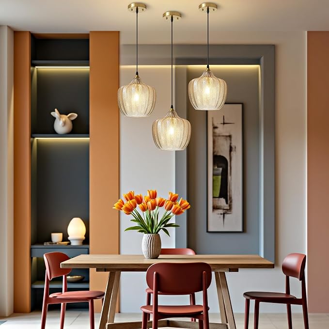Modern Gold Pendant Light, Amber Glass Farmhouse Kitchen Island Pendant Light Fixture Adjustable Vintage Hanging Ceiling Light for Dining Room Corridor 9.45 inch 1 Pack, UL Certification