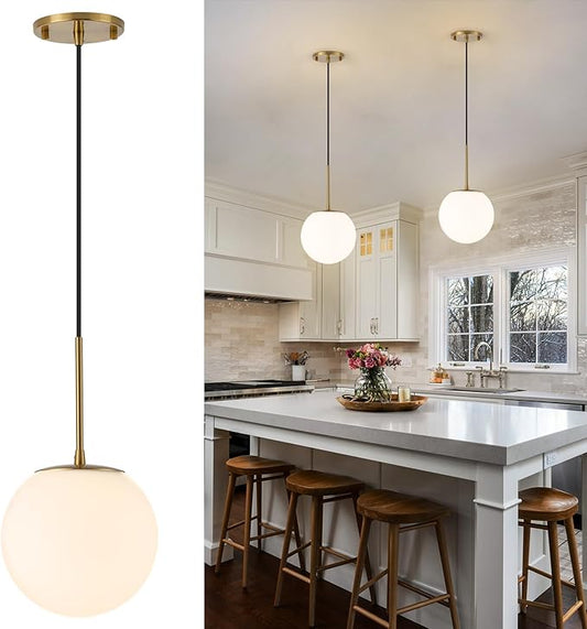 Milk Globe Pendant Light, Mid Century Modern Ceiling Hanging Lights Fixture with Height Adjustable, Brass Gold Pendant Lighting for Kitchen Island, Hallway, Dining Room, Living Room (1 Pack)