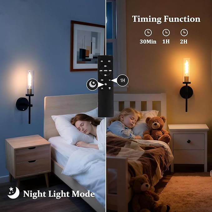 Shenmoyl Battery Operated Wall Sconces Set of 2, Black & Gold Rechargeable Wall Lighting Fixtures, Dimmable Wall Lights with Remote & Clear Glass Shade for Living Room, Bathroom,Bedroom