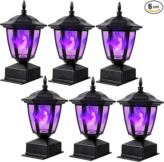 Dynaming Solar Flame Post Cap Lights Outdoor, Halloween Flickering Purple Flame Post Lights, Solar Powered LED Lantern Waterproof for Garden Deck Fence Patio, Fit 4x4, 5x5 or 6x6 Wooden Posts, 6 Pack