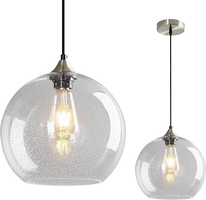 Mikeru Glass Globe Pendant Light Single, 7.87 Inch Clear Bubble Glass Hanging Lamp, Mid Century Modern Pendant Lighting for Kitchen Island Dining Room Bedroom (Bulb Not Included)