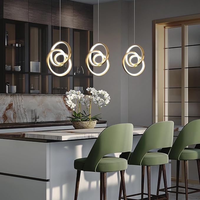 Modern LED Pendant Lights Kitchen Island, 6000K LED Chandelier Adjustable Height Gold Hanging Light Fixture Island Lights for Kitchen Dining Room Cafe Table, 1Pack