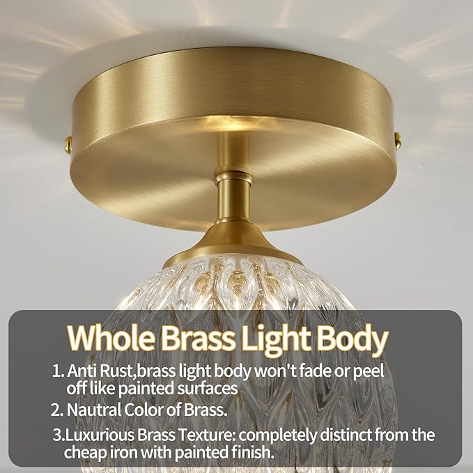 4.3'' Semi Flush Mount Ceiling Light, Light Luxury Ceiling Light Fixture, Clear Crystal Lampshade Vintage Hallway Lights Fixtures, Brass Base Flush Mount Ceilings Lights for Bedroom 【No Bulb Included】