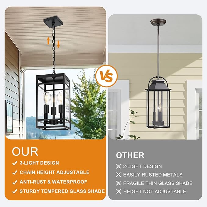 VINLUZ 3-Light Outdoor Pendant Light, 16" Matte Black Outdoor Hanging Light Fixture with Adjustable Chain, Exterior Linear Chandelier Hanging Lantern for Entryway, Patio, Garden, Front Door