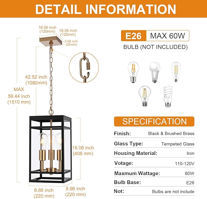 VINLUZ 3-Light Outdoor Pendant Light with Adjustable Chain, 16" Black and Gold Finish Outdoor Hanging Light Fixture, Exterior Hanging Lantern Chandelier for Entryway Patio Garden