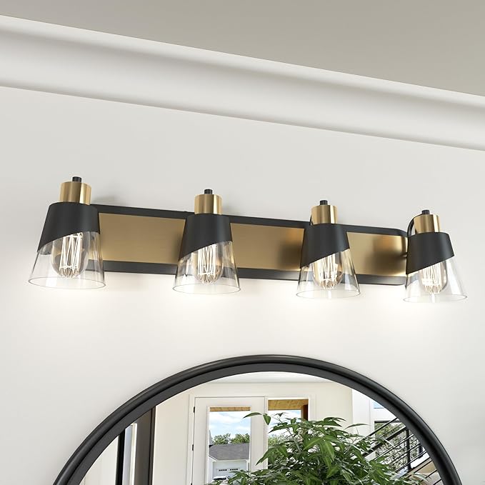 URSOLA Bathroom Vanity Light, 4 Lights Bathroom Light Fixtures, 28.3 inch Bathroom Light Fixtures Over Mirror, Black and Gold, with Bevelled Edge and Clear Glass Shade Wall Lamp