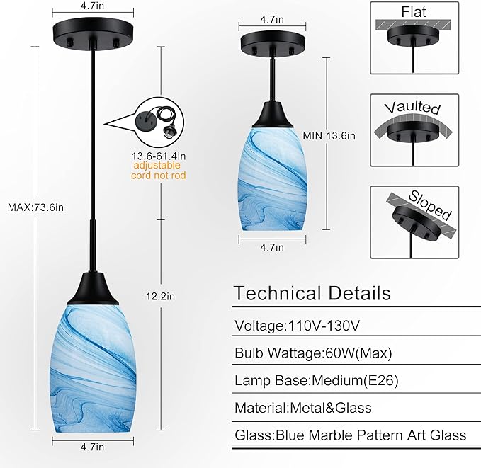 Viinew Mini Glass Pendant Light 4.72" with Handblown Blue Marble Art Glass Hanging Light 3-Pack Oval Ceiling Hanging Light Fixture for Dining Room Kitchen Island Cafe Foyer Hallway