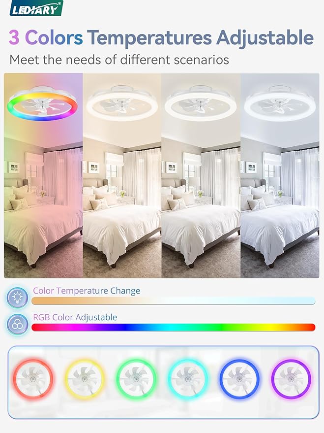 LEDIARY RGB Low Profile Ceiling Fans with Lights and Remote, 20 Inch Dimmable Modern Ceiling Fan(3000K-6000K), 6 Speed, Reversible, APP & Remote Control, Flush Mount Fan Light, White RGB Ceiling Fans