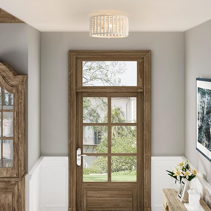 Luupyia White Beaded Boho Ceiling Light 3Lights, 12.79inches Wooden Bead Ceiling Light Fixture Mini Bohemian Chandelier Coastal Semi Flush Mount Overhead Lighting for Bedroom Hallway, E26
